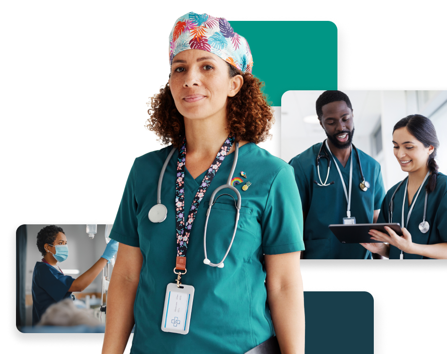 Diverse group of nurses in teal scrubs